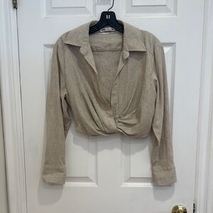 Zara Tan Crop Tie Front Blouse
